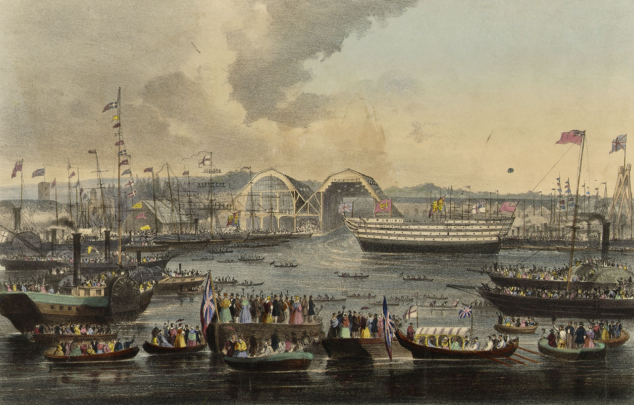 Kohler, W. & Spooner, William_The launch of HMS Trafalgar, 120 guns. At Woolwich June 21st 1841.jpg