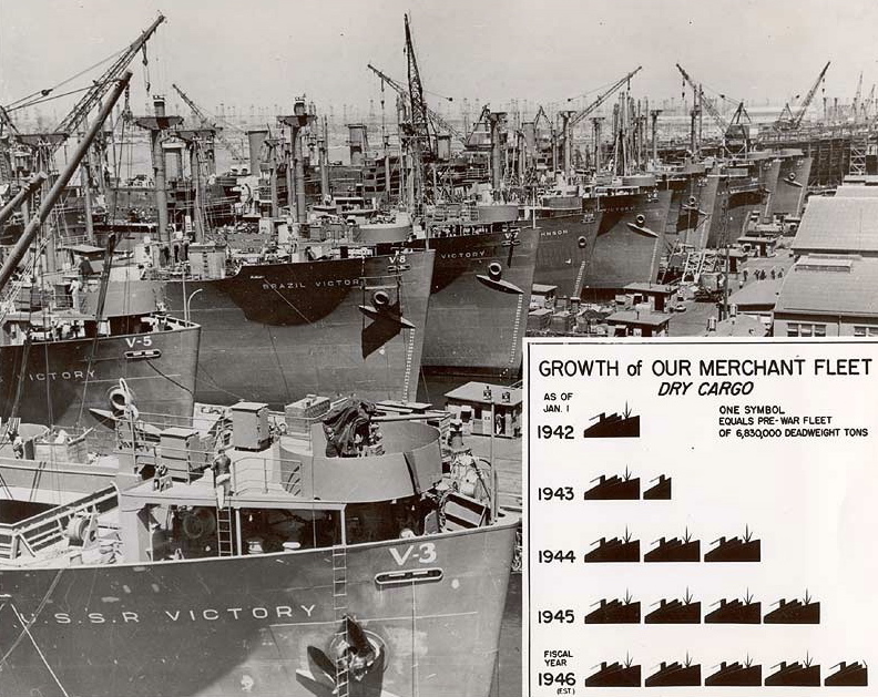Victory and Liberty Ships at California Shipbuilding Corporation's Wilmington, California shipyard, 14-26 Apr 1944.jpg