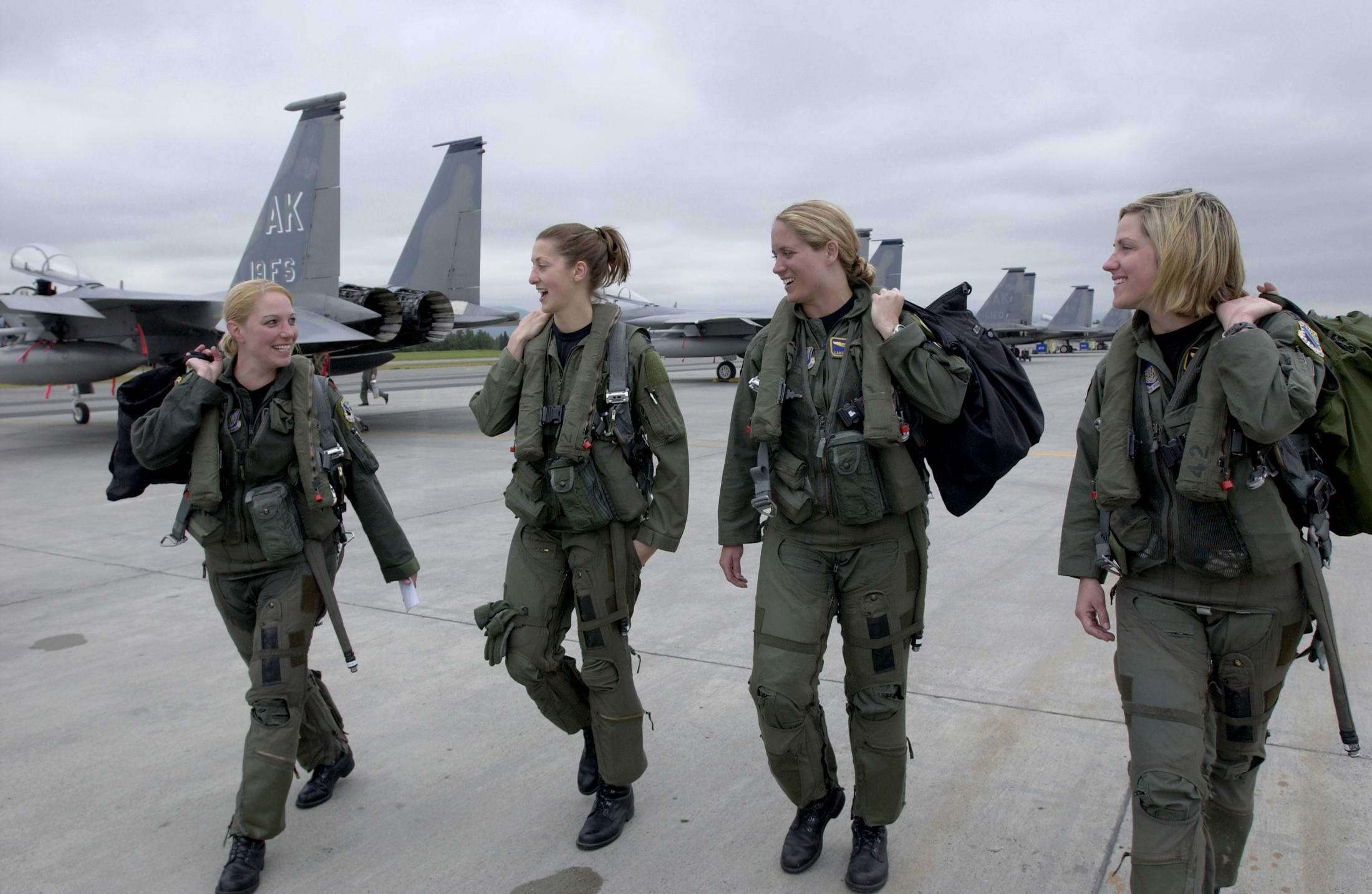F-15 Eagle pilots from 3rd Wing walk to their jets at Elmendorf AFB, Alaska L to R Maj. Andrea Misener, Capt. Jammie Jamieson, Maj. Carey Jones and Capt. Samantha Weeks.jpg