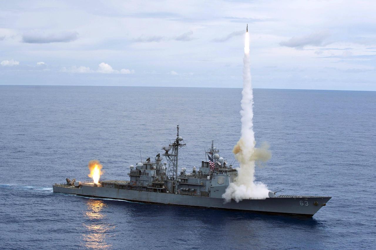 The Ticonderoga-class guided-missile cruiser USS Cowpens fires Standard Missiles 2 at an airborne drone.jpg