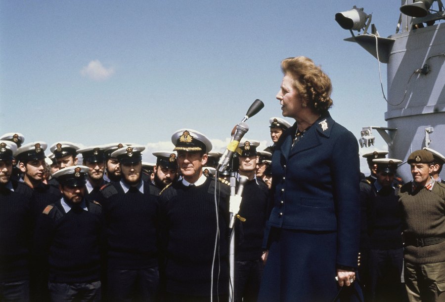 M.Thatcher makes an address to the men of the HMS Antrim during her surprise visit to the Falkland Islands.jpg