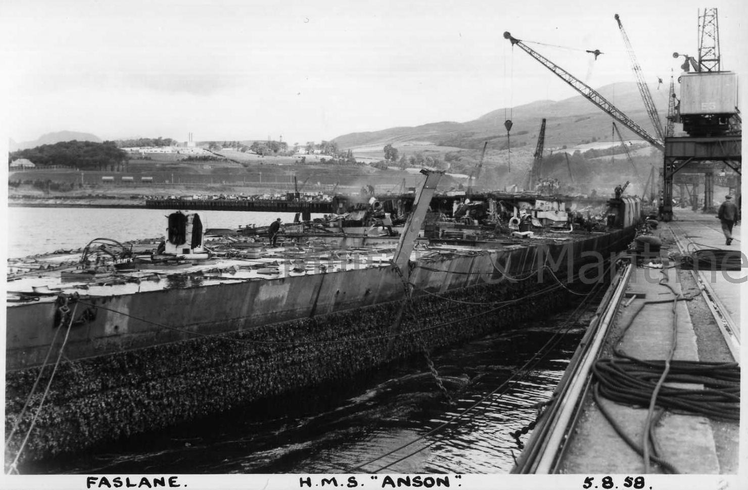 Battleship HMS Anson - Breaking up at Faslane in Scotland - 1958.jpg