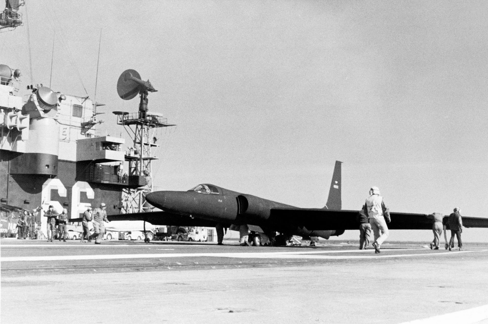 U-2 reconnaissance aircraft parked on the flight deck of the aircraft carrier USS America (CV-66).jpg