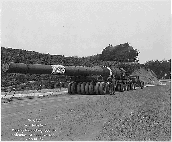 A 16 gun barrel for the battlecruiser- U.S.S. Saratoga transported to Fort Funston for use as a coastal battery, 1937.gif