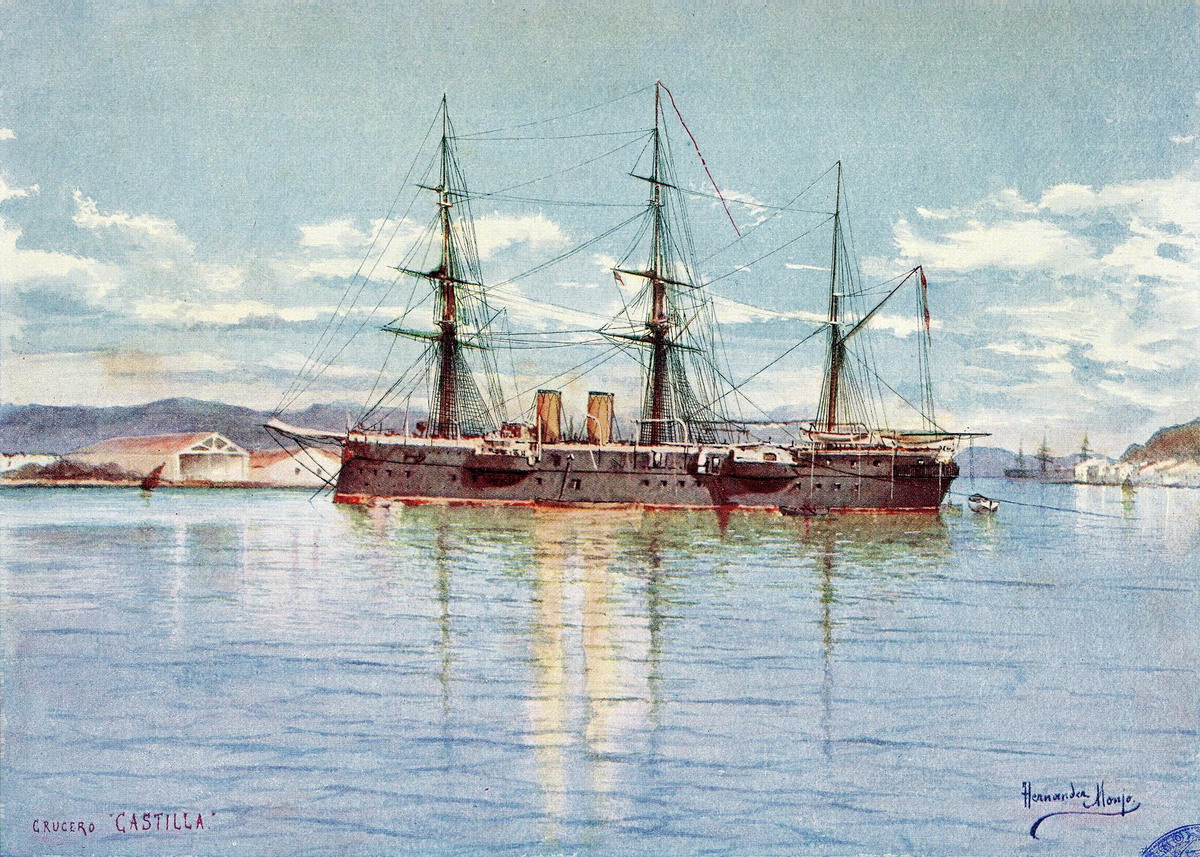 Watercolor of the cruise ' 'Castilla' ' , was the third of the ' 'Aragon' ' Class of the Spanish Navy (1898)_resize.jpg