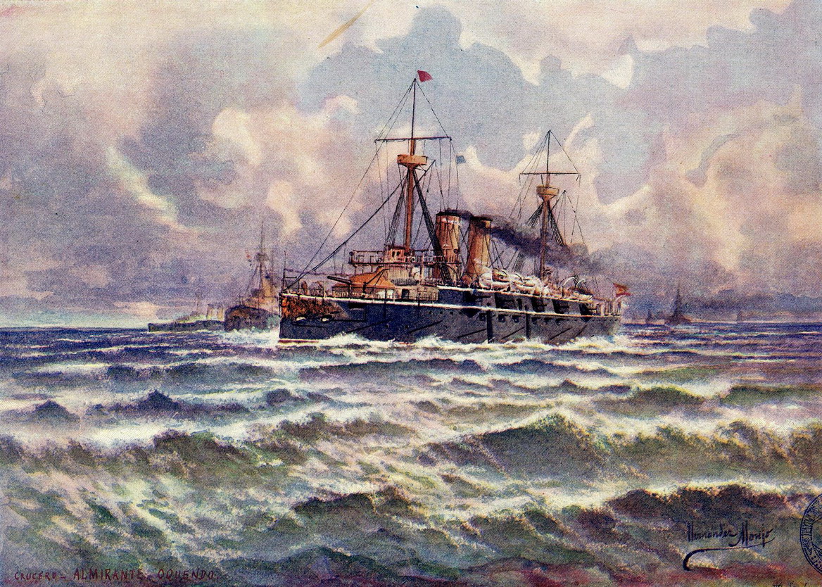 Watercolor of the cruise ''Almirante Oquendo'', of the book The Spanish Navy (1898)_resize.jpg