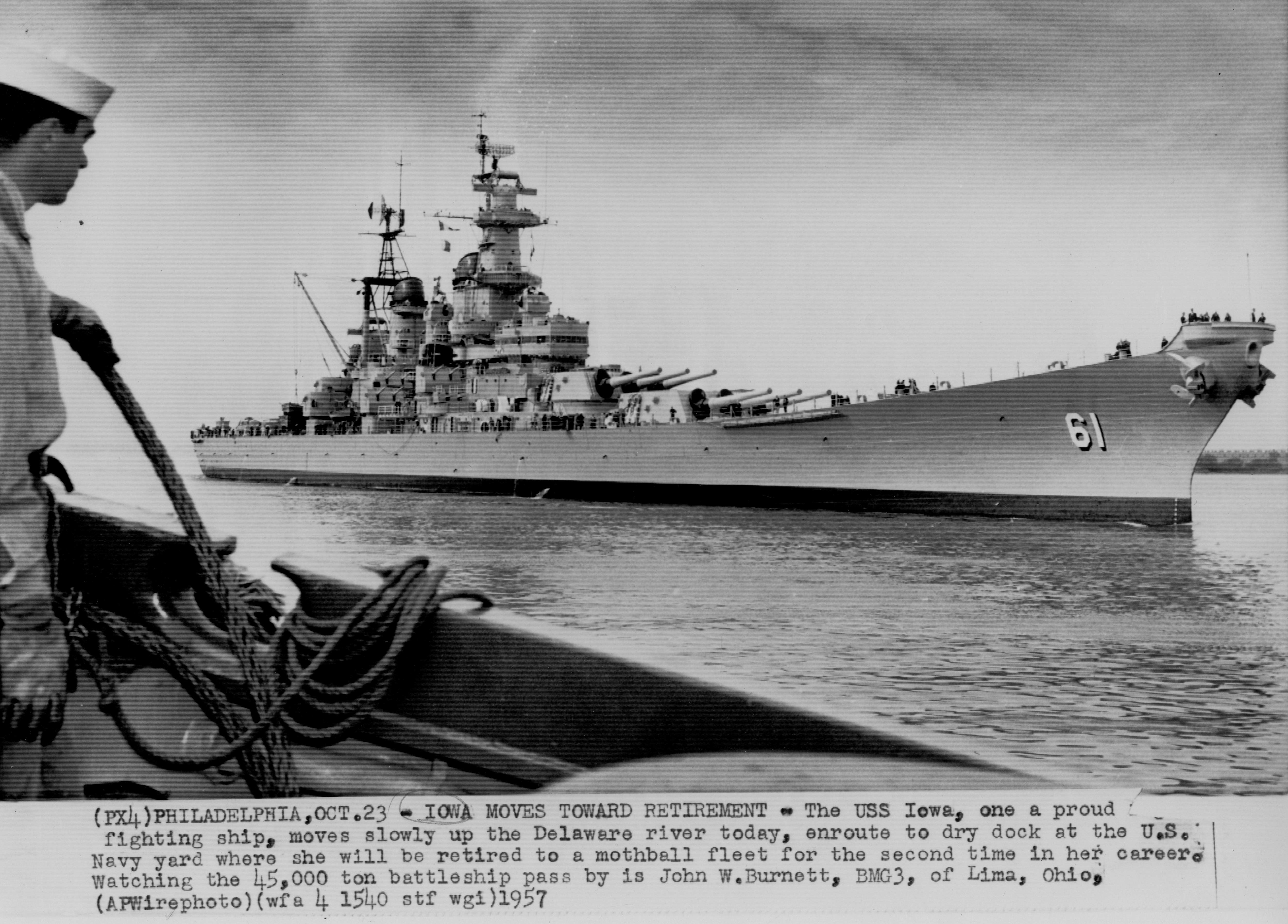 USS Iowa (BB-61) moves toward retirement on 23 October 1957.jpg